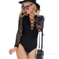 Sexy Women Bodysuits Fashion Women Summer Lace Up Deep V-Neck Long Sleeve Teddies Lingerie